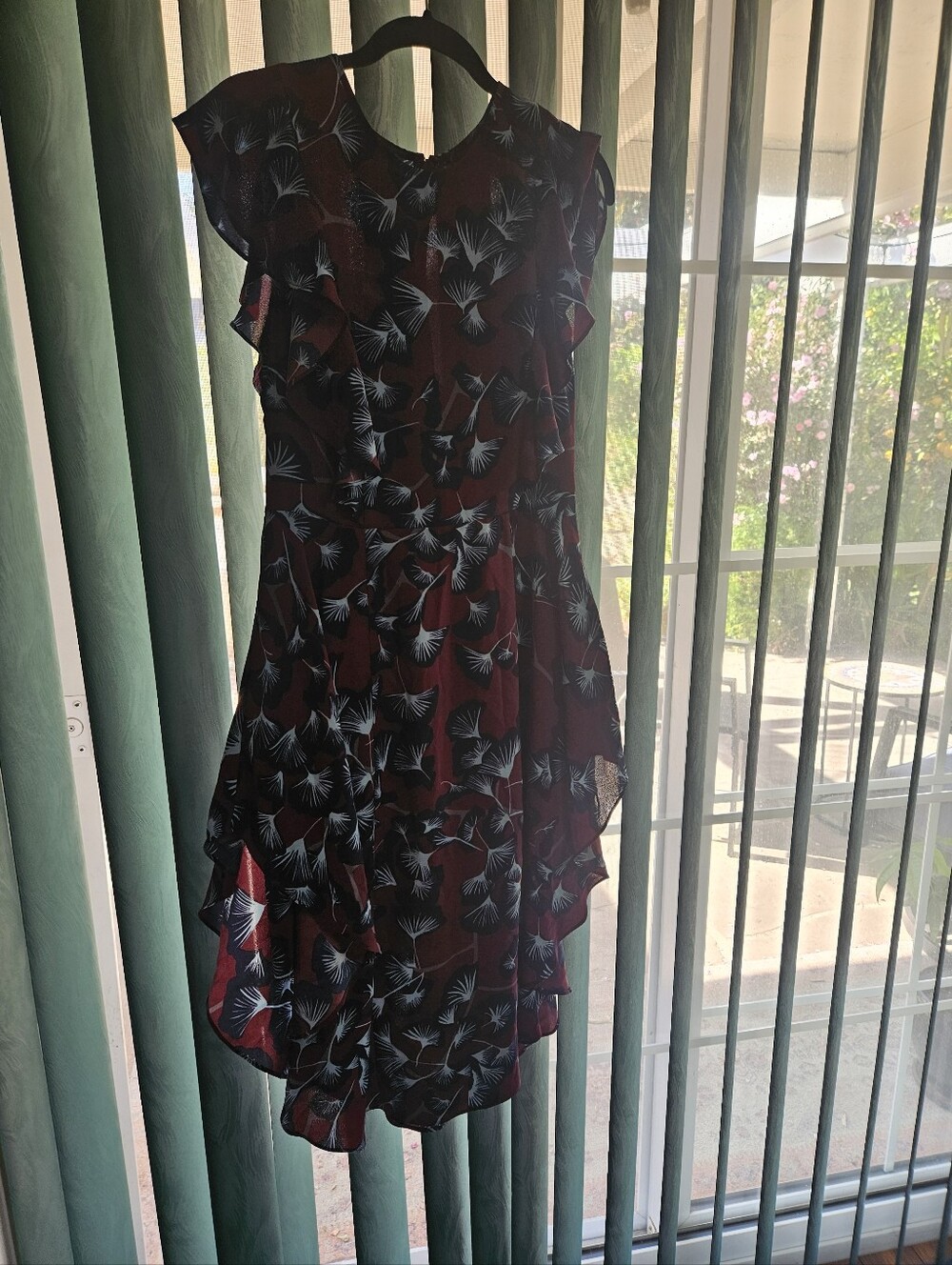 BCBGMaxAzria Burgundy Floral Asymmetrical Ruffle Dress